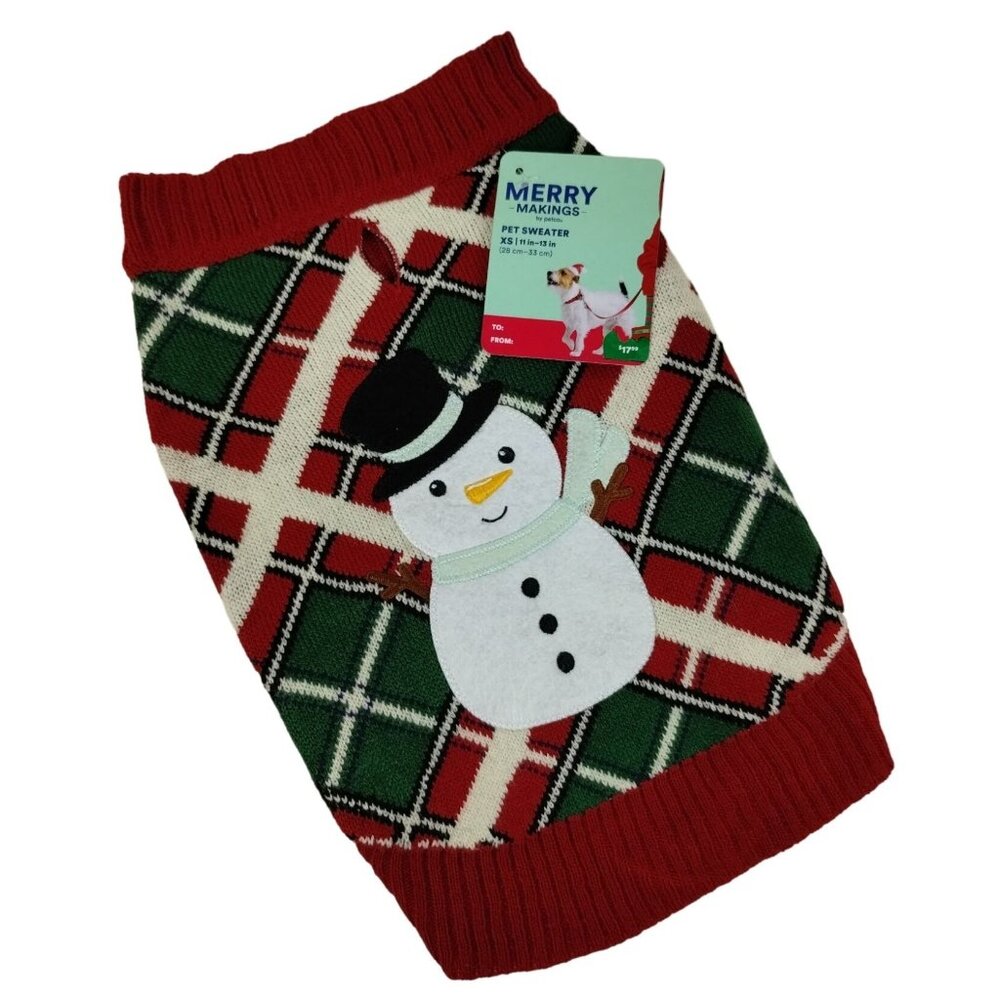 Merry Makings Festive Holiday Snowman Sweater for Dogs XS Size Red Plaid Design
